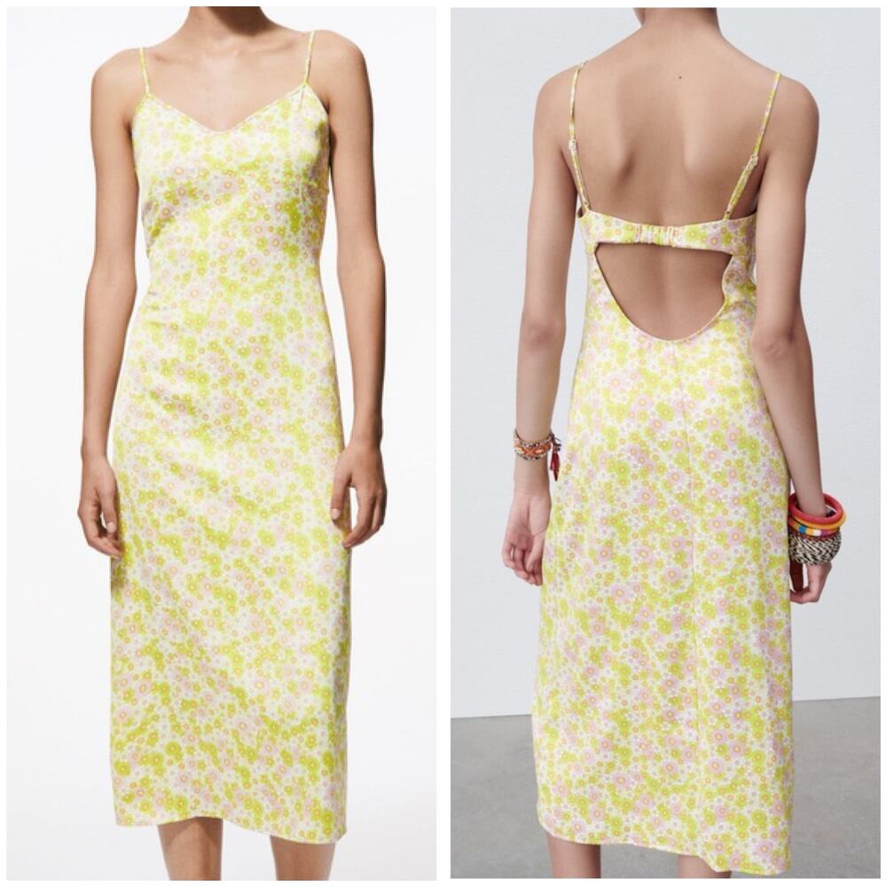 Zara 70s Micro Floral Midi Dress Size Small Cut Out Back Bohemian Vintage Yellow